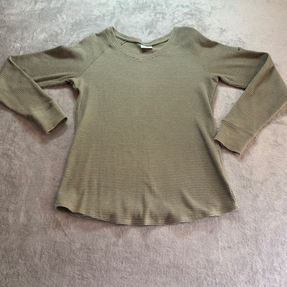 Columbia Womens Olive Green Waffle Knit Thermal Long Sleeve Raglan Top Large